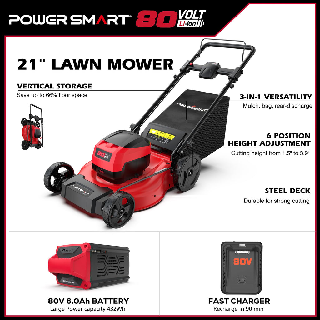 80V 21-Inch Brushless Cordless Push Lawn Mower Steel Deck with 6.0Ah Battery and Charger