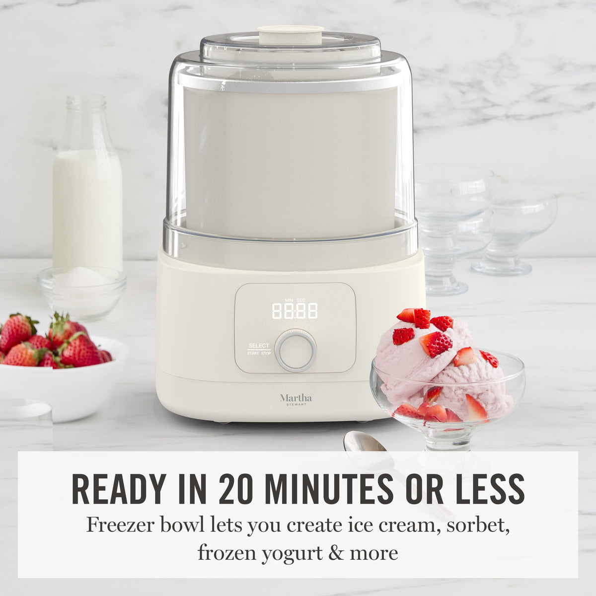 Ice Cream Maker, 2 Quart Double-Insulated Freezer Bowl, Sorbet & Frozen Yogurt, Ready in 20 Minutes, Mix-Ins Chute, Easy to Clean, Linen Cream