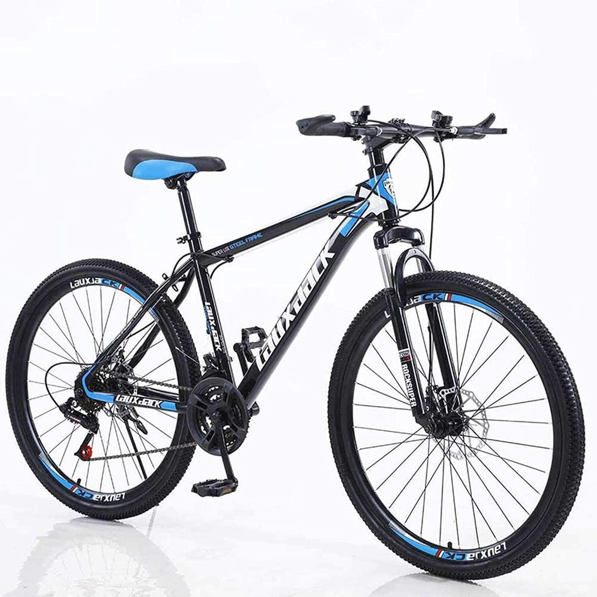 XunLiu 21 Speed 26-inch Wheels Mountain Bike Dual Disc Brake Bicycles Road Bicycle Suitable for Outdoor Riding Adults and Teenagers-US Stock (Black-Blue)