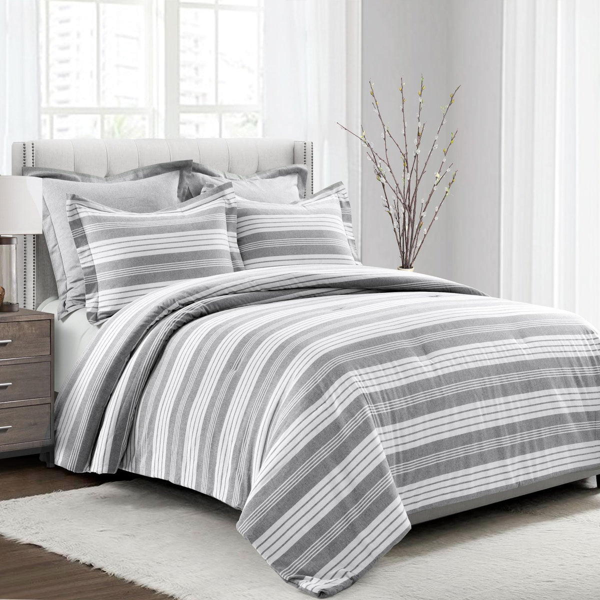 Lush Decor Farmhouse Striped 5 Piece Comforter Sets, Full/Queen with Pillow Shams, Euro Shams