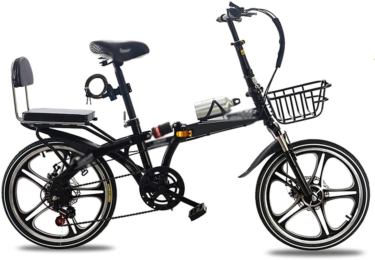 CHICAI Bike 7-Speed Folding Portable Bicycle with 16"/20" Wheels, High Carbon Steel Body, Disc Brake, Back Rack (Color : Black, Size : 20in)