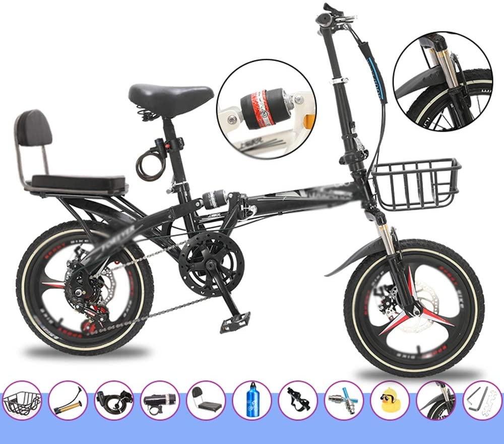 CHICAI Bike 7-Speed Folding Portable Bicycle with 16"/20" Wheels, High Carbon Steel Body, Disc Brake, Back Rack (Color : Black, Size : 20in)