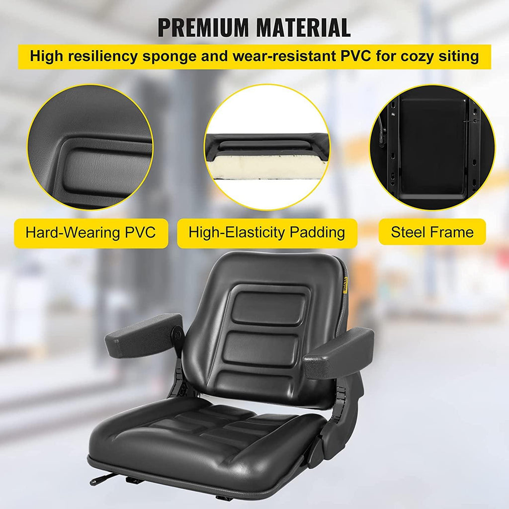 vevor universal forklift seat black pvc tractor seat, 6"/150mm adjustable mower seat foldable seat including armrests&amp;seat switch, 18.5" x 20" x 18" skid steer seat fit forklift, tractor, skid loader