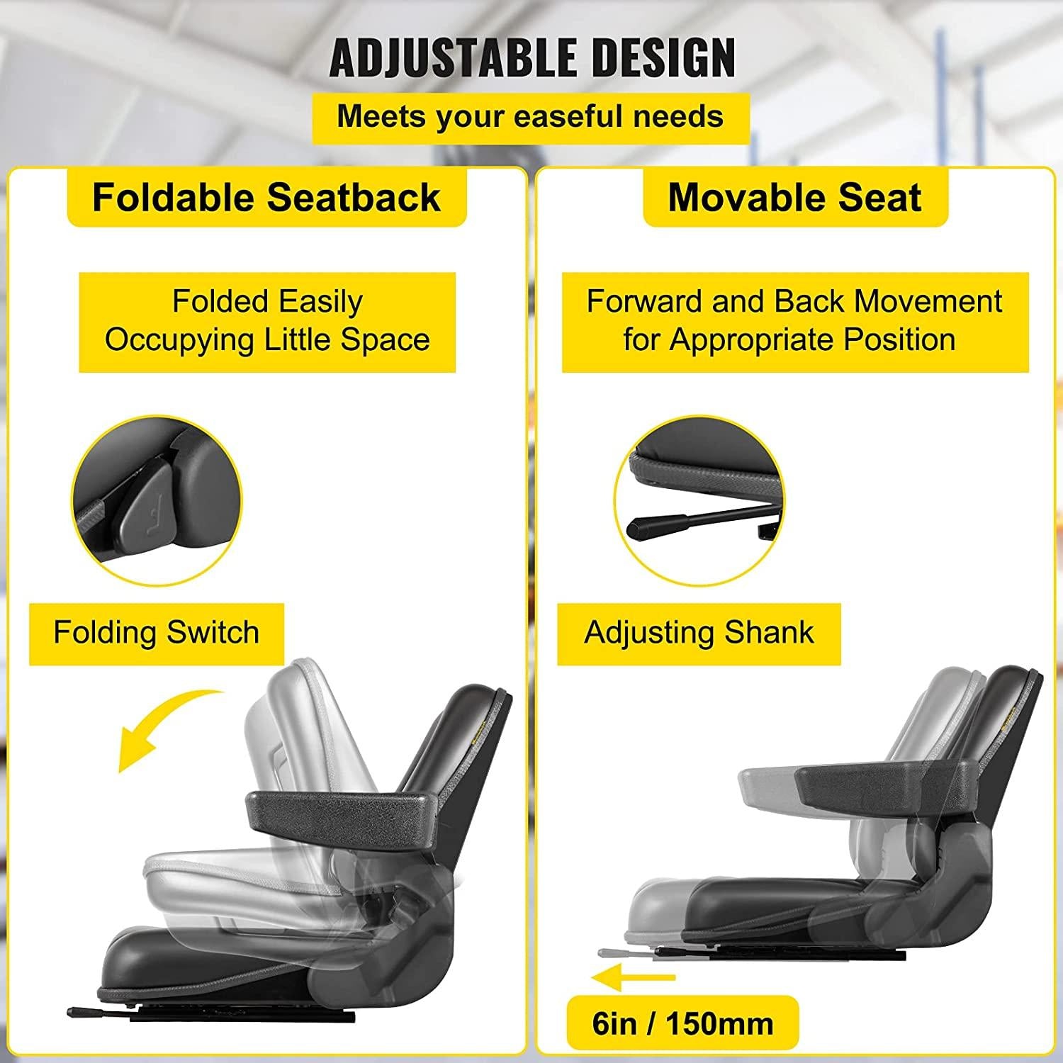 vevor universal forklift seat black pvc tractor seat, 6"/150mm adjustable mower seat foldable seat including armrests&amp;seat switch, 18.5" x 20" x 18" skid steer seat fit forklift, tractor, skid loader
