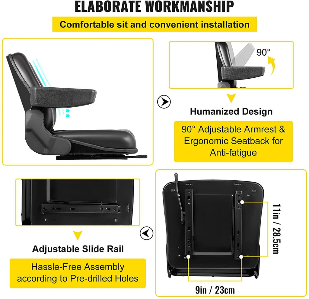 vevor universal forklift seat black pvc tractor seat, 6"/150mm adjustable mower seat foldable seat including armrests&amp;seat switch, 18.5" x 20" x 18" skid steer seat fit forklift, tractor, skid loader
