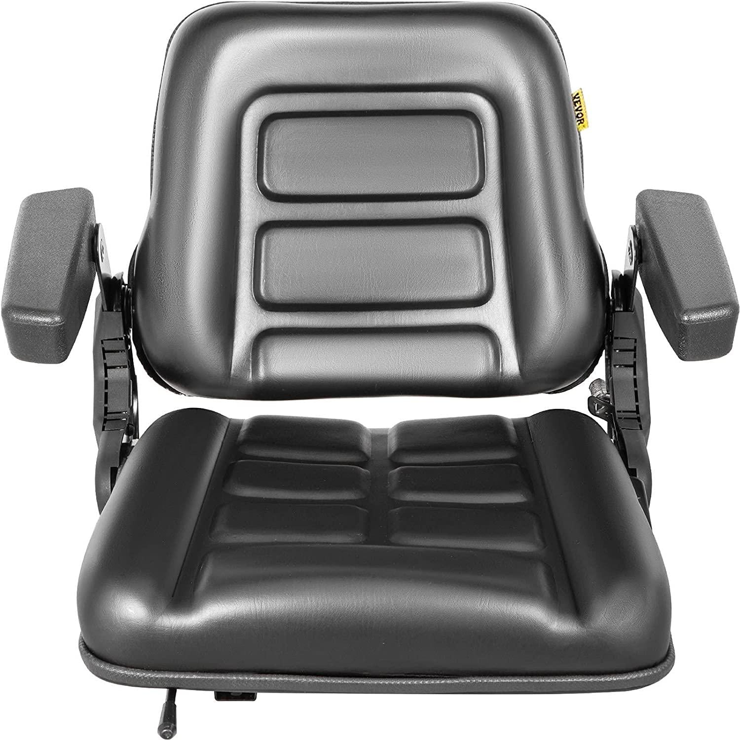 vevor universal forklift seat black pvc tractor seat, 6"/150mm adjustable mower seat foldable seat including armrests&amp;seat switch, 18.5" x 20" x 18" skid steer seat fit forklift, tractor, skid loader