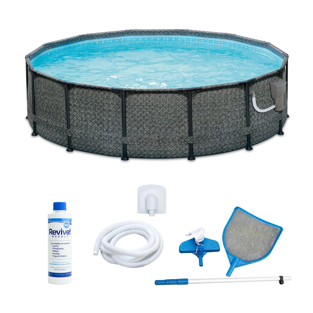 Summer Waves P4A01648B 16ft x 48in Above Ground Frame Outdoor Swimming Pool Set with Filter Pump, Pool Cover, Ladder, Ground