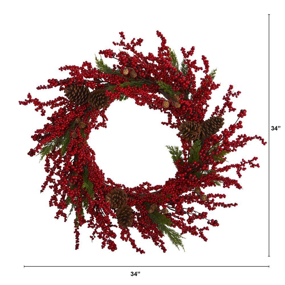 34 in. Cypress Artificial Wreath with Berries and Pine Cones