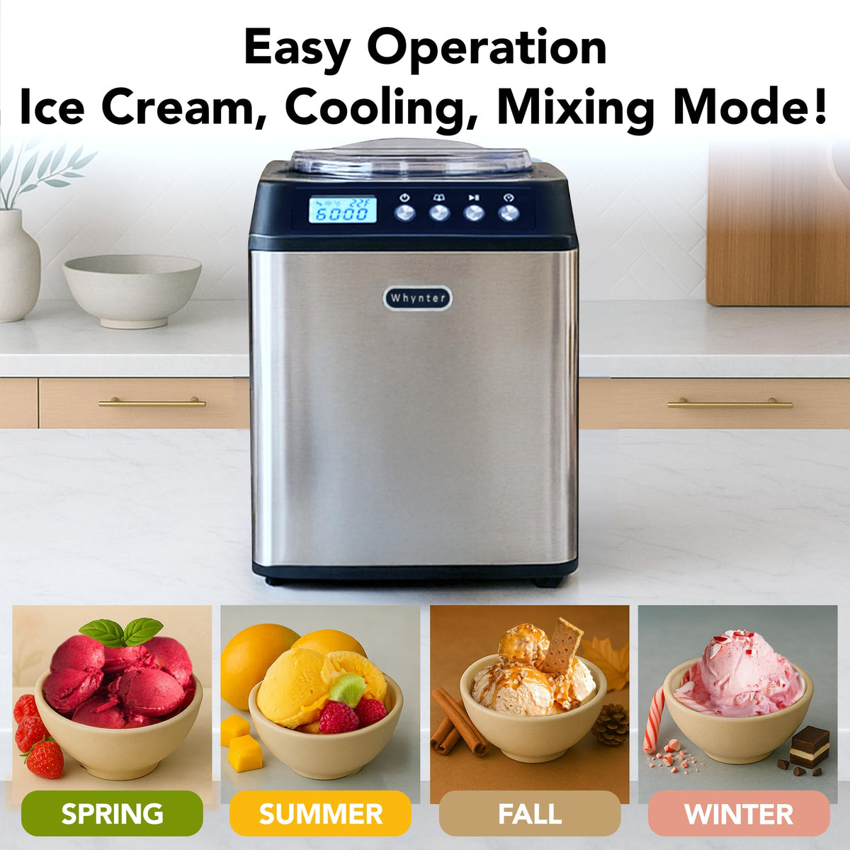 Ice Cream Maker Machine Automatic 2.1 Qt. Upright with -In Compressor, LCD Digital Display & Timer, No Pre-Freezing, ICM-201SB,  Steel