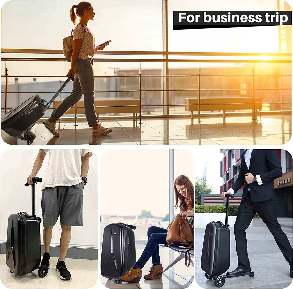 Scooter Luggage for Kids/Adult, 50L Ride On Scooter Suitcase Foldable Aluminum Trolley Case Travel Luggage for Business and School Boys and Girls-Black