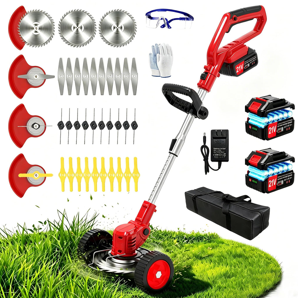 Electric Weed Wacker Cordless with Wheels,21V Lightweight Electric Weed Eater Battery Powered,4 in 1 Grass Trimmer/Brush Cutter/Lawn Edger/Lawn Mower,No String Trimmer Battery Operated for Garden Yard