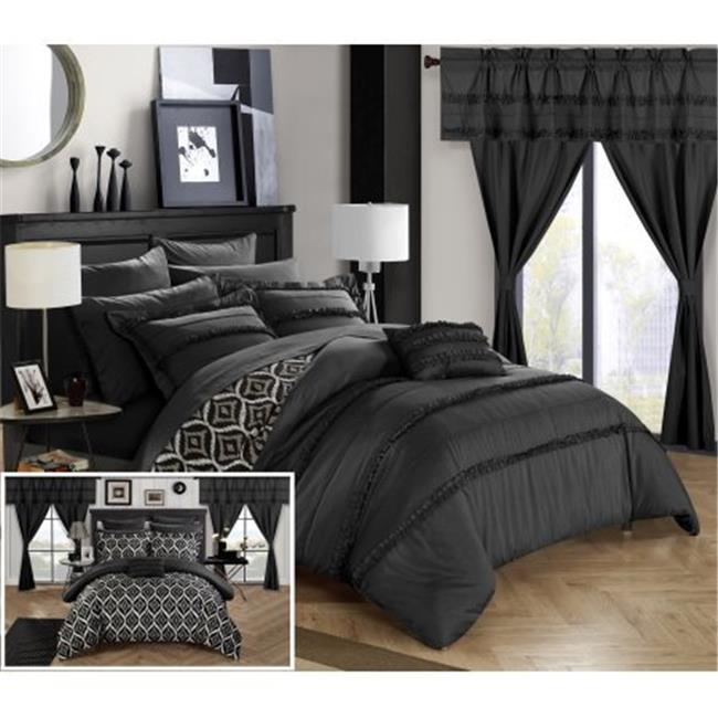20 Piece Rotem Reversible Geometric Quilted  Comforter Bedding Set, Black - Queen