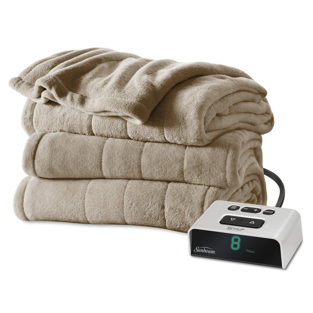 Sunbeam Electric Heated Plush Channeled Blanket, Dual Controls, Queen, Mushroom