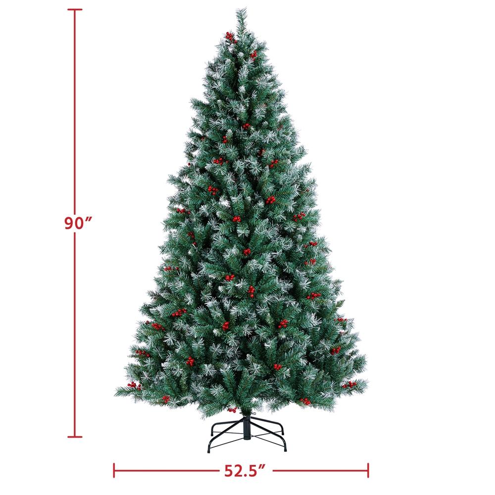 7.5ft Pre-lit Snow Frosted Artificial Christmas Tree with Red Berries and Incandescent Warm White Lights &amp; 1365 Branch Tips