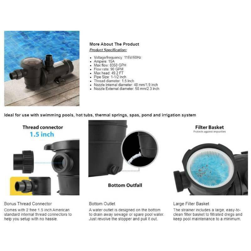 1.5 hp 8350 gph above ground swimming pool pump w/ strainer basket etl certified