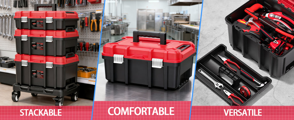 3-in-1 Rolling Tool Box with Wheels,Stackable Modular Tool Organizer System,17" Portable Waterproof Toolbox on Wheels for Garage,Mechanics and Home Repair (Red-Black)