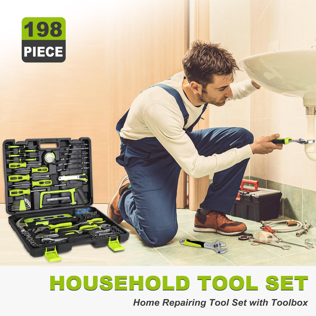 198-Piece Household Tool Set, Home Repairing Tool Set with Toolbox, SAE Mechanics Hand Tool Kit for DIY, Home Maintenance, Green