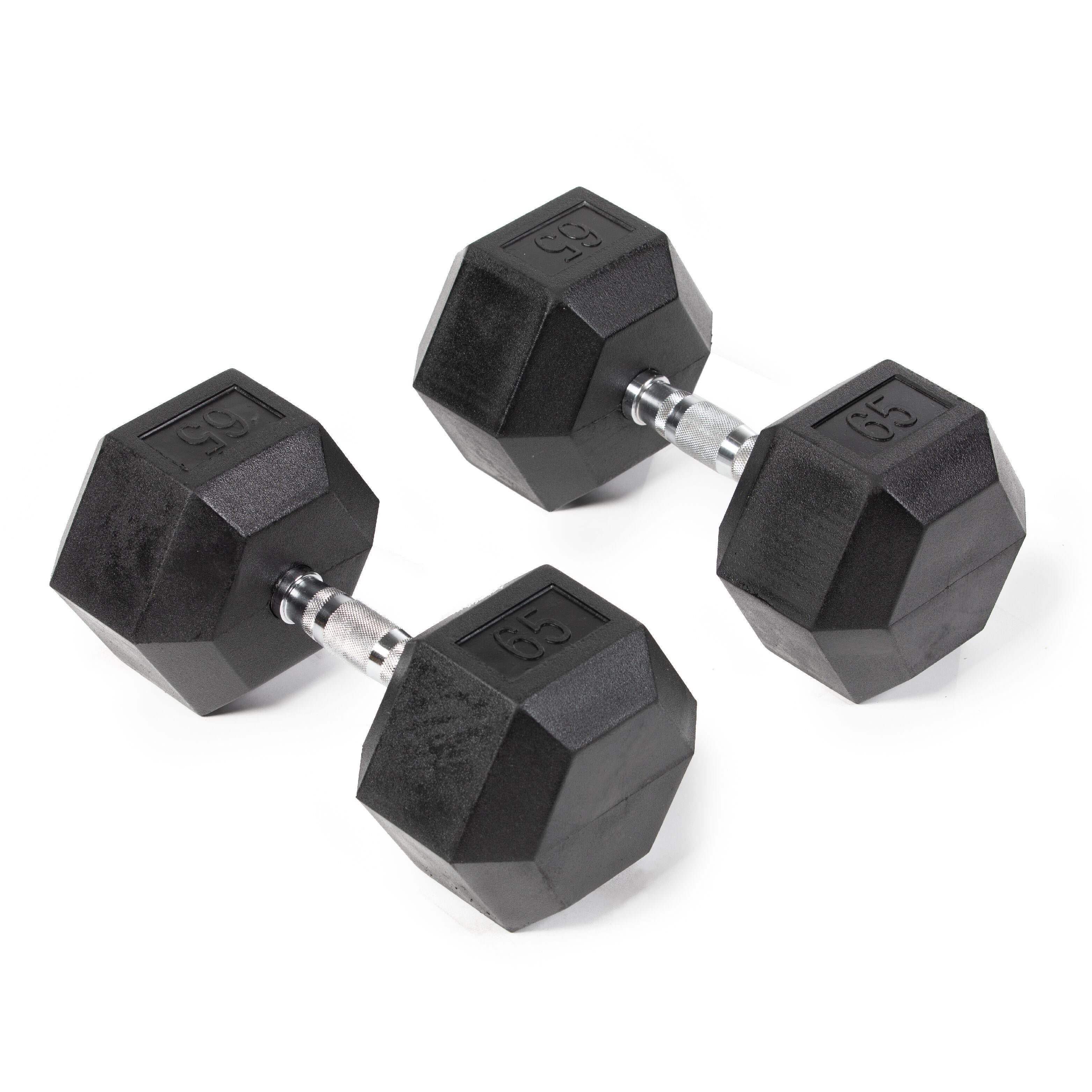 Fitness Rubber Hex Dumbbells 65 lb. Pair Ergonomic Chrome Handles