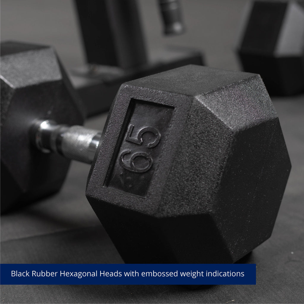 Fitness Rubber Hex Dumbbells 65 lb. Pair Ergonomic Chrome Handles