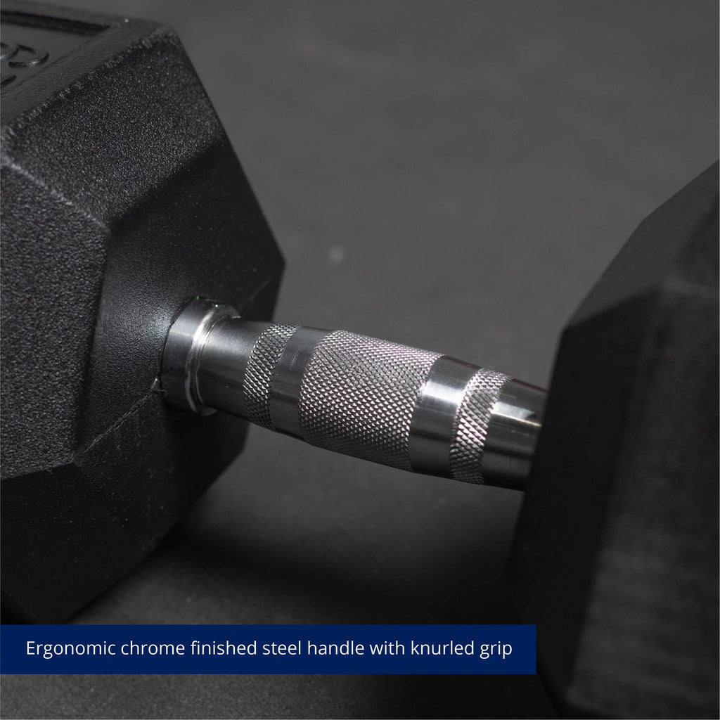 Fitness Rubber Hex Dumbbells 65 lb. Pair Ergonomic Chrome Handles