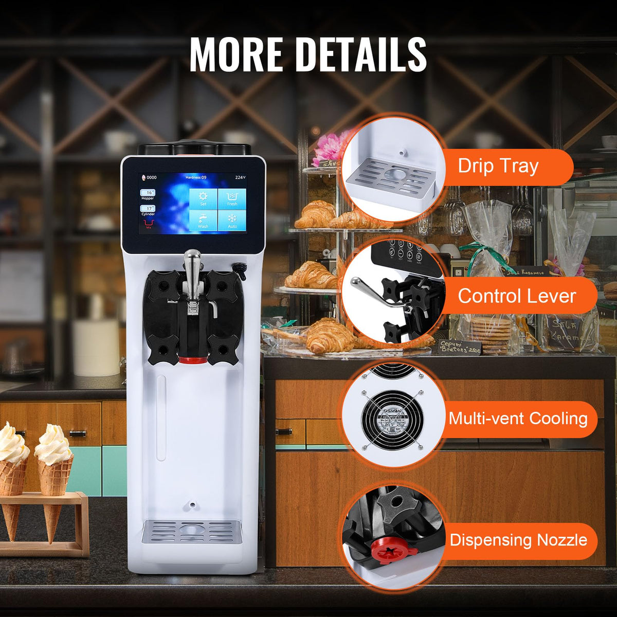 Commercial Ice Cream Machine, 1000W Single Flavor Soft Serve Ice Cream Maker, 10.6 QT/H Yield, 4L Hopper & 1.6L Cylinder, Touch Screen, Auto Clean & Pre-Cooling, Countertop Restaurant Snack Bar