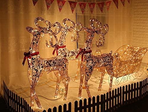 Lar4-Piece LED Lighted Hoilday Reindeer Family Christmas Decoration for Yard-Golden Reindeer 48",Sleigh 48"(L)*36"(H)&amp;Tree Tower71"