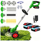 21V Electric Weed Wacker, Cordless Weed Eater Battery Powered, Lightweight Stringless Weed Trimmer with 2 Battery Operated &amp; Wheels, 4 in 1 Grass Trimmer/Brush Cutter/Lawn Edger/Mower for Garden Yard