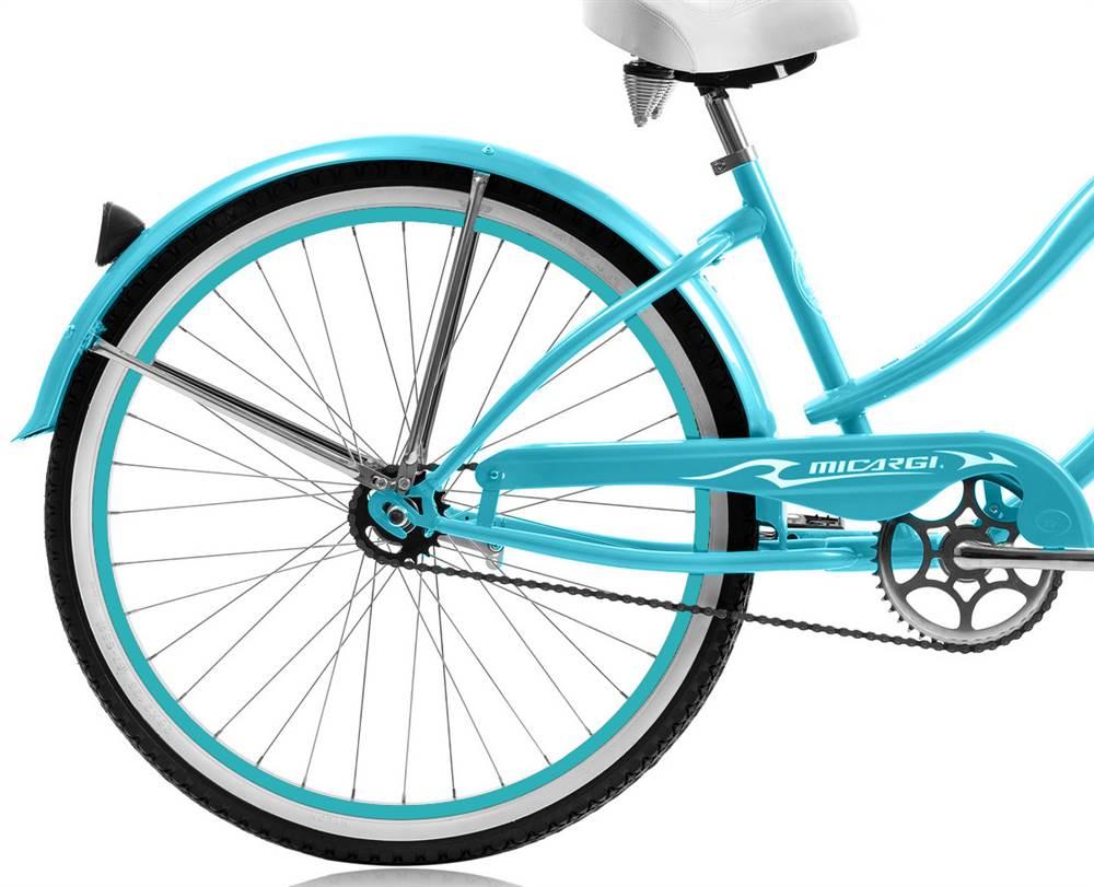 Micargi ROVER GX 26" Beach Cruiser Coaster Brake Single Speed  Steel Spokes One Piece Crank Alloy Pink Rims White Wall Tire 36H With Fenders Color: Black/Baby blue Rim