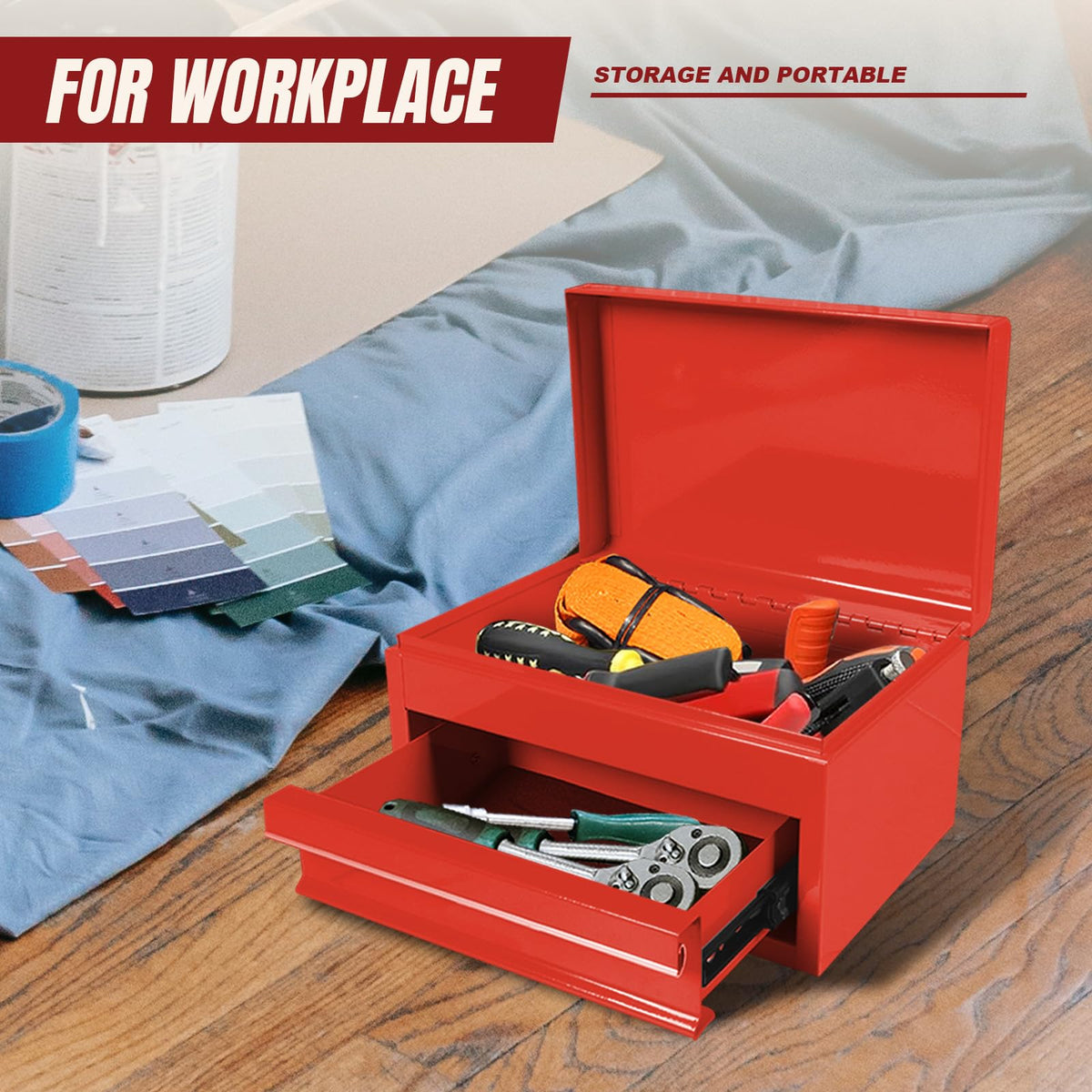 APBT701RB 10" Mini Portable Steel Tool Box with drawer,Small Metal Tool Chest for Home,Garaor Workbench,Red