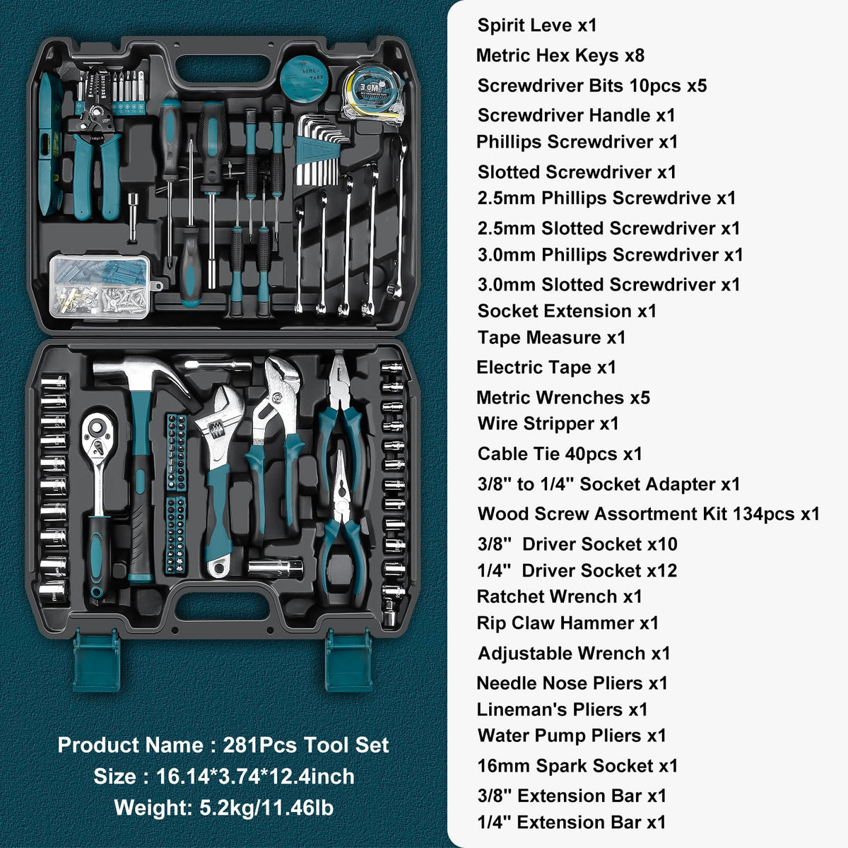 Home Tool Kit 281-PCs - Portable Complete Basic Repair General Hand Tool Sets for Men Women - Full Tool Set with Socket Wrench Set & Screwdriver Set & Metric Hex Key & Pliers & Tool Box Case