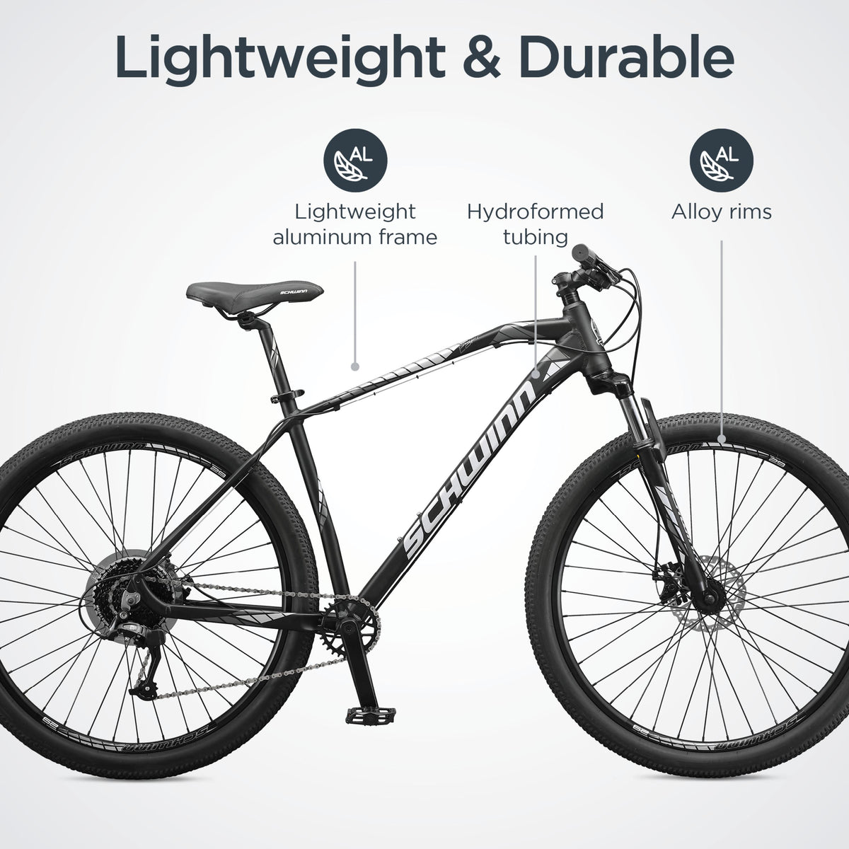 Schwinn Taff Mountain Bike, 29-inch wheels, 8 speeds, black / white