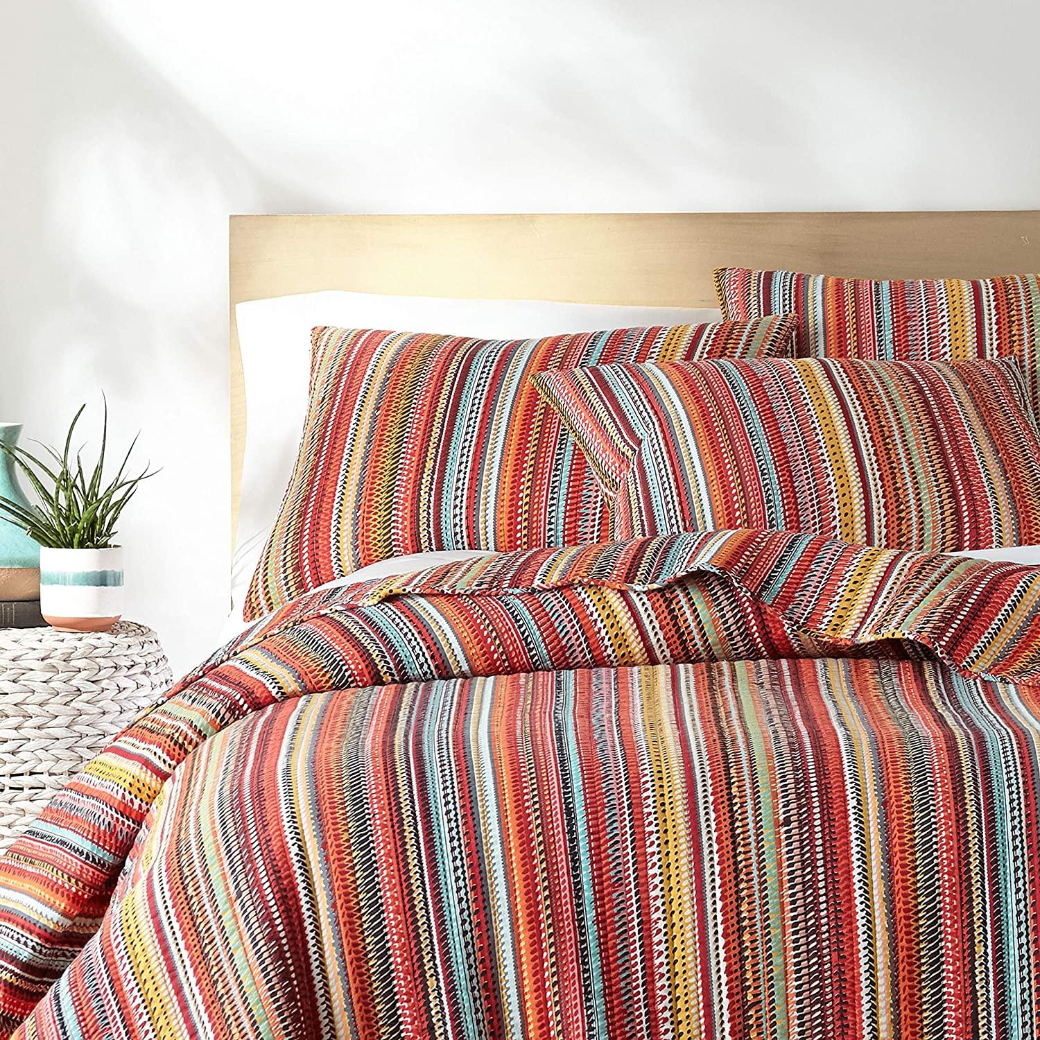 Levtex Home - Uluru Quilt Set - Twin Quilt + Two Standard Pillow Shams - Boho Stripe - OranTeal Red Green Yellow Black White - Quilt (68x86in.) and Pillow Sham (26x20in.) - Cotton
