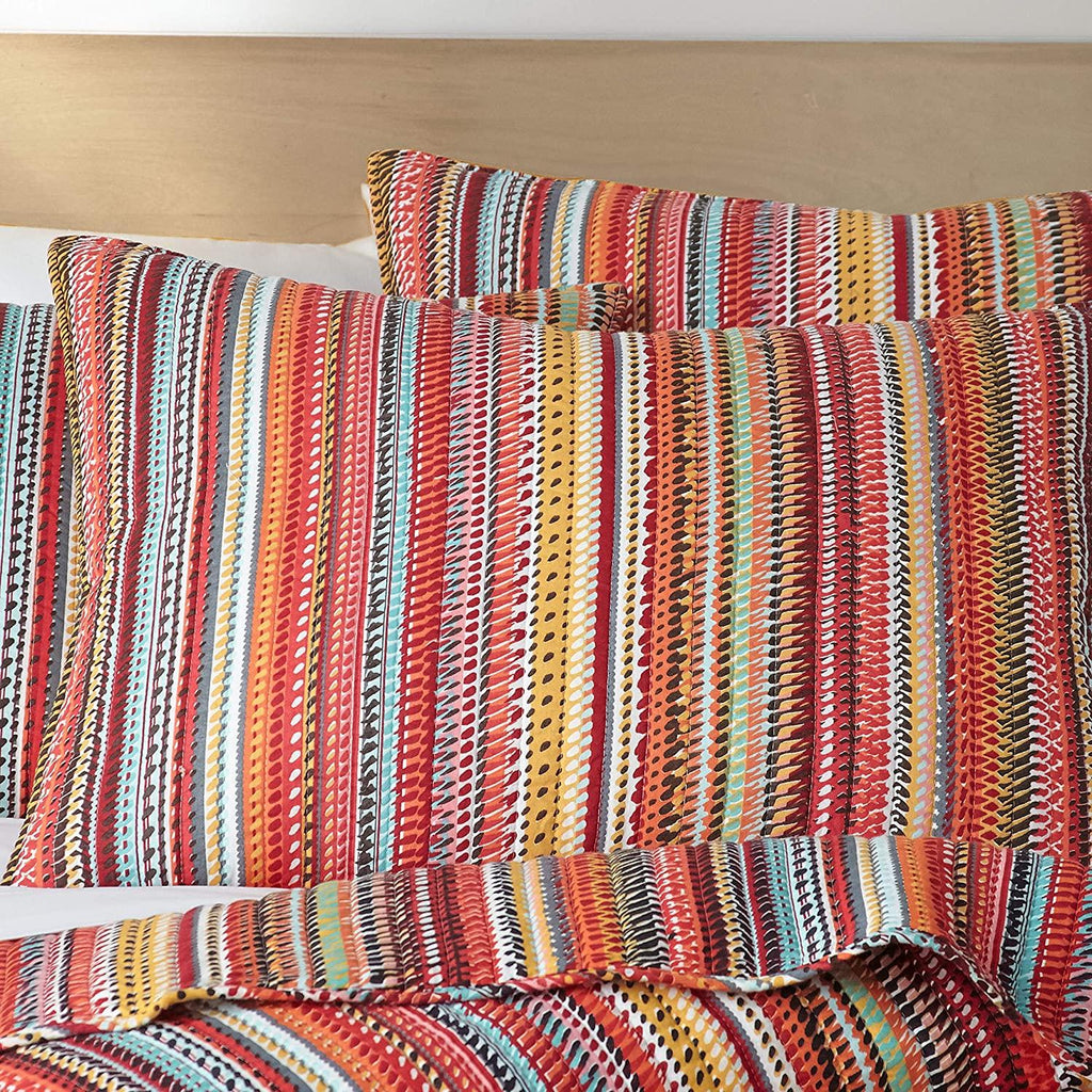 Levtex Home - Uluru Quilt Set - Twin Quilt + Two Standard Pillow Shams - Boho Stripe - OranTeal Red Green Yellow Black White - Quilt (68x86in.) and Pillow Sham (26x20in.) - Cotton