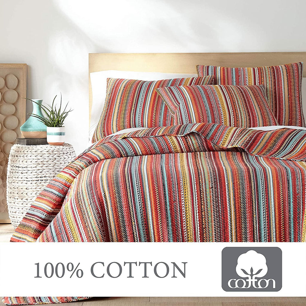 Levtex Home - Uluru Quilt Set - Twin Quilt + Two Standard Pillow Shams - Boho Stripe - OranTeal Red Green Yellow Black White - Quilt (68x86in.) and Pillow Sham (26x20in.) - Cotton