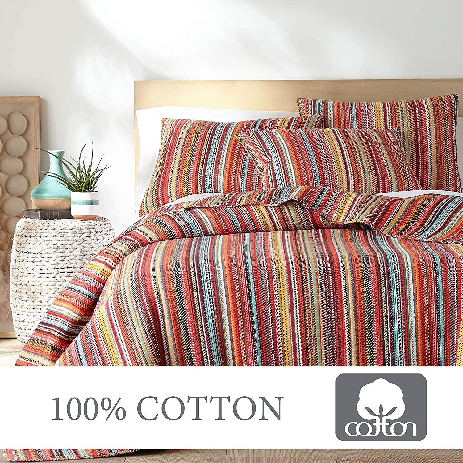 Levtex Home - Uluru Quilt Set - Twin Quilt + Two Standard Pillow Shams - Boho Stripe - OranTeal Red Green Yellow Black White - Quilt (68x86in.) and Pillow Sham (26x20in.) - Cotton