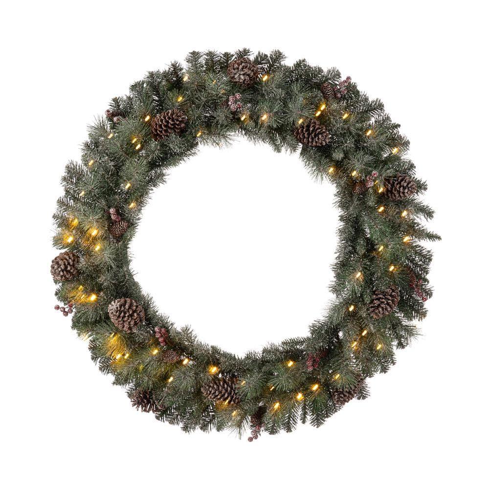 42 in. D Oversized Pre-Lit Glittered Pine Cone Artificial Christmas Wreath with 70 Warm White Lights
