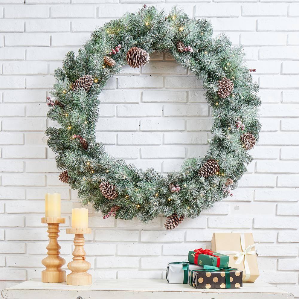 42 in. D Oversized Pre-Lit Glittered Pine Cone Artificial Christmas Wreath with 70 Warm White Lights