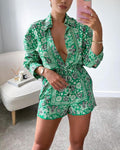 turn-down collor floral print shirt &amp; shorts 2-piece sets