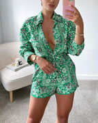 turn-down collor floral print shirt &amp; shorts 2-piece sets