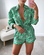 turn-down collor floral print shirt &amp; shorts 2-piece sets
