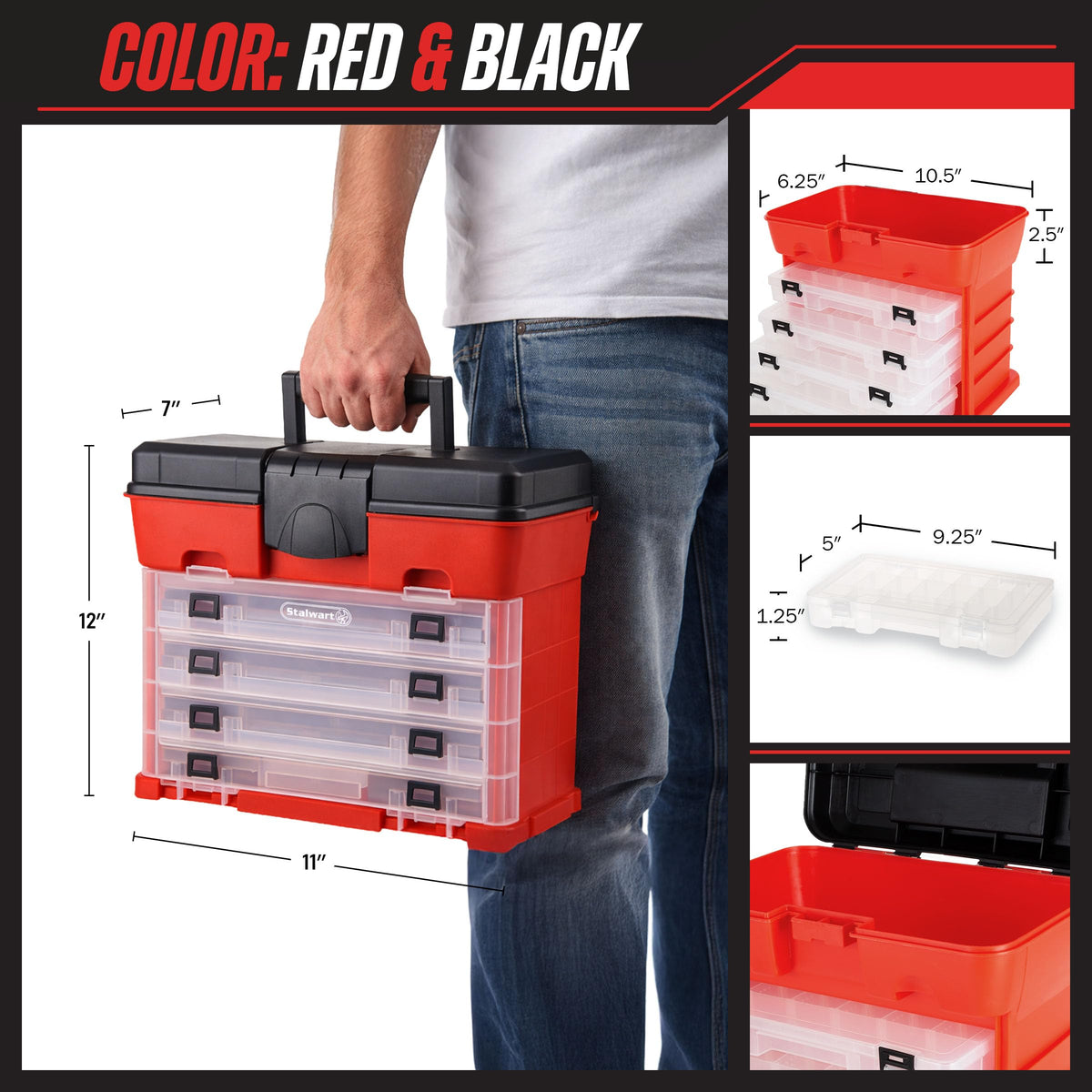 Small Parts Organizer Box - 11-Inch Portable StoraCase with 4 Removable Multi-Compartment Trays for Screws, Beads, Small Fishing Tackle, Hardware, and Craft Supplies by  (Red)
