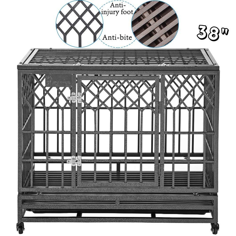 SMONTER Heavy Duty Dog Crate Strong Metal Pet Kennel Playpen with Two Prevent Escape Lock, LarDogs Cawith Wheels, Y Shape, Dark Silver