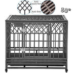 SMONTER Heavy Duty Dog Crate Strong Metal Pet Kennel Playpen with Two Prevent Escape Lock, LarDogs Cawith Wheels, Y Shape, Dark Silver