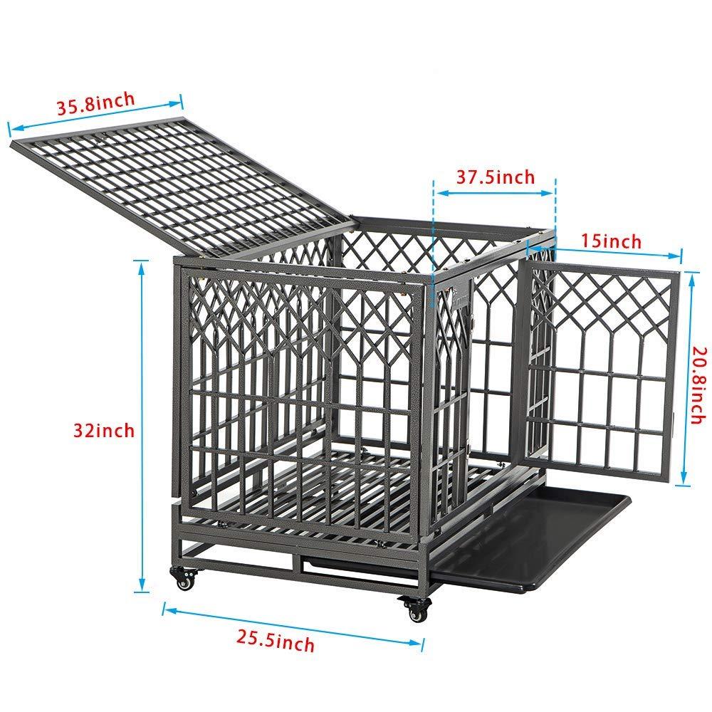 SMONTER Heavy Duty Dog Crate Strong Metal Pet Kennel Playpen with Two Prevent Escape Lock, LarDogs Cawith Wheels, Y Shape, Dark Silver
