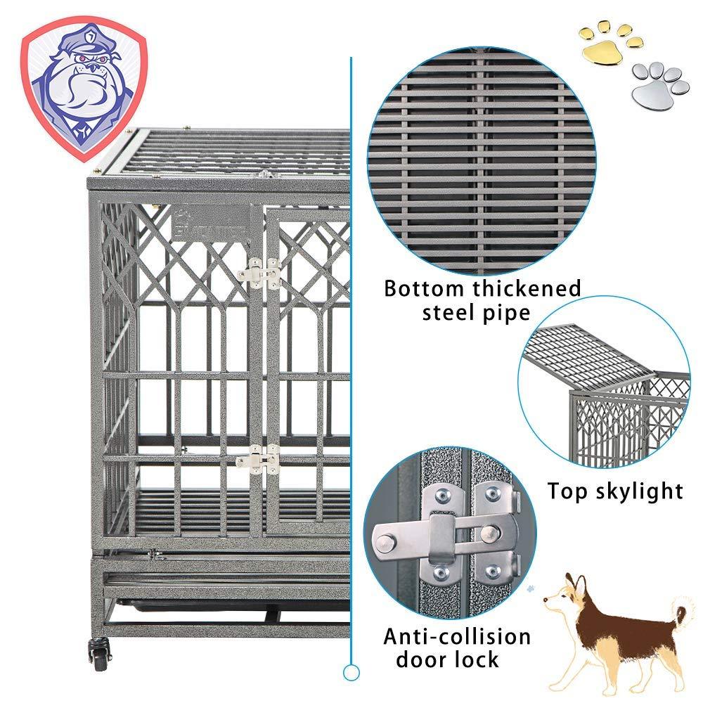SMONTER Heavy Duty Dog Crate Strong Metal Pet Kennel Playpen with Two Prevent Escape Lock, LarDogs Cawith Wheels, Y Shape, Dark Silver