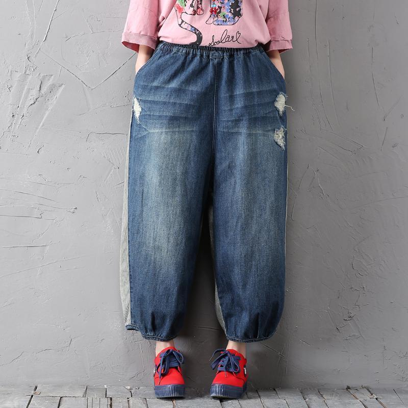 babakud women loose denim pants washed holes stitching spring autumn
