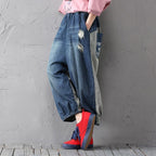 babakud women loose denim pants washed holes stitching spring autumn