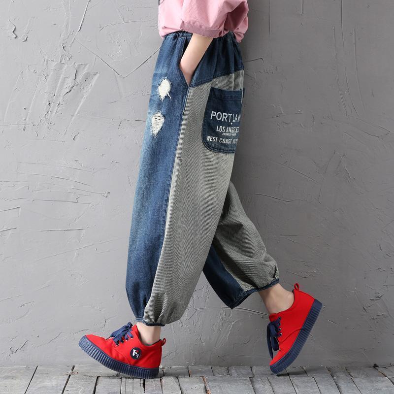 babakud women loose denim pants washed holes stitching spring autumn