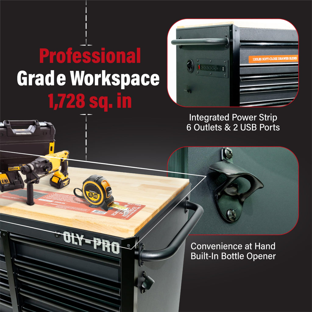 72 inch Heavy Duty Mobile Tool Chest Tool Box, with Solid Top Workbench, 15-Drawer Rolling Tool Chest, Tool StoraOrganizer for Garage, Workshop, and Home, Black