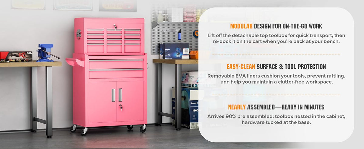 Heavy-Duty 8-Drawer Rolling Tool Chest & Cabinet Combo with Black Liner – Lockable Steel GaraTool Box on Wheels – Detachable Top Toolbox & Bottom StoraCart with Side Hooks, Pink